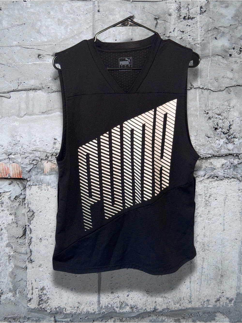 Puma Black Tank with Diagonal White Striped Logo